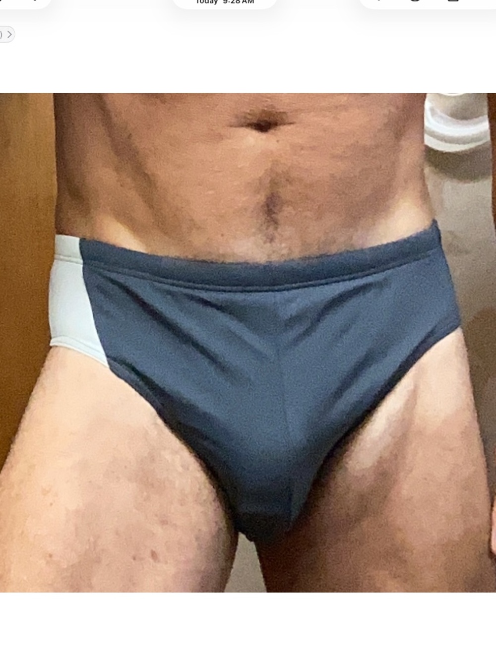 Speedo style swimsuit, gray and white medium